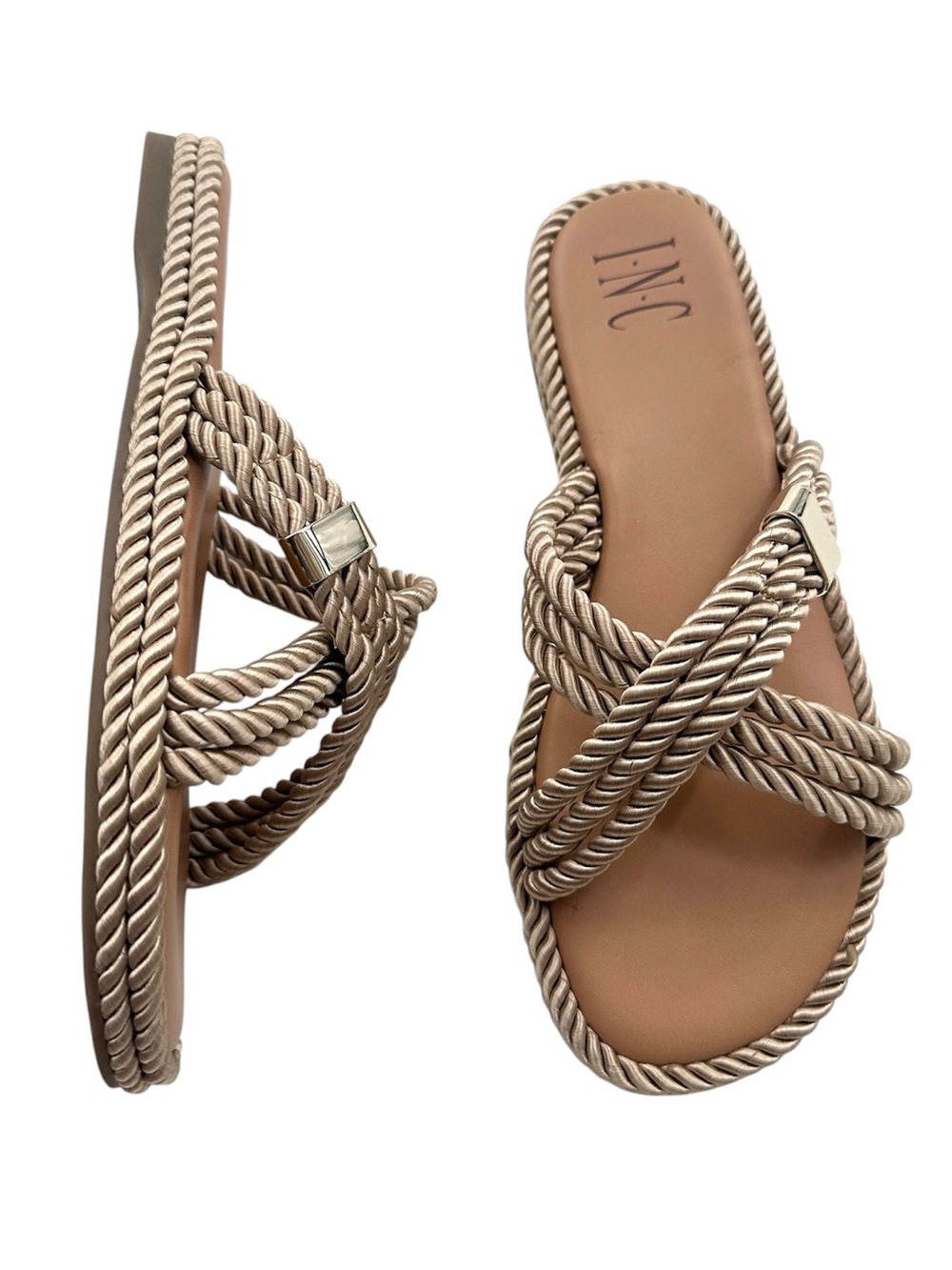 INC Women's Maylee Gold Braided Rope Strappy Flat Slide Sandals Size 7